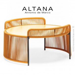 Table basse ALTANA-ME, piétement acier peint anthracite, corde marine couleur jaune, plateau HPL couleur jaune.