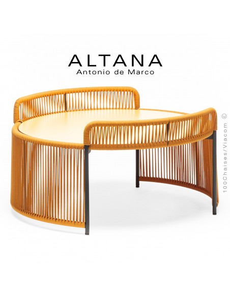 Table basse ALTANA-ME, piétement acier peint anthracite, corde marine couleur jaune, plateau HPL couleur jaune.