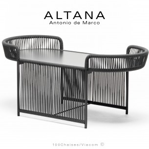 Table basse ALTANA-OV, piétement acier peint anthracite, corde marine couleur anthracite, plateau HPL couleur anthracite.