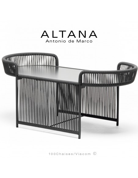 Table basse ALTANA-OV, piétement acier peint anthracite, corde marine couleur anthracite, plateau HPL couleur anthracite.