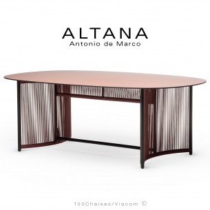 Table à manger ALTANA-T-OV, piétement acier peint anthracite, corde marine couleur rouge, plateau HPL couleur rouge.