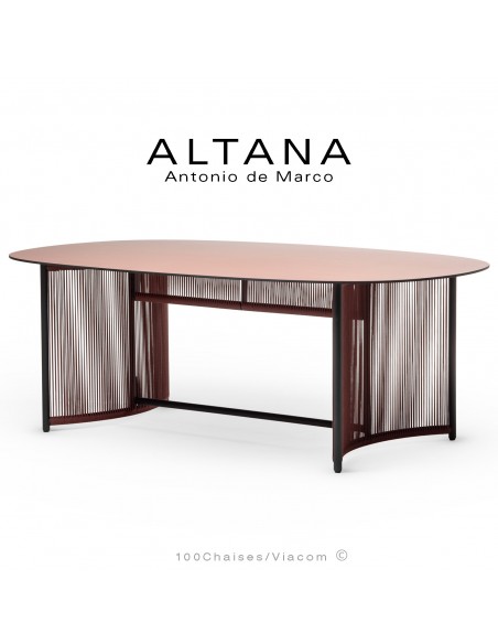Table à manger ALTANA-T-OV, piétement acier peint anthracite, corde marine couleur rouge, plateau HPL couleur rouge.