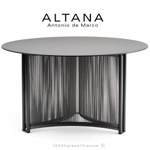 Table à manger ALTANA-T-RO, piétement acier peint anthracite, corde marine couleur anthracite, plateau HPL couleur anthracite.