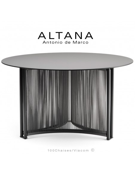 Table à manger ALTANA-T-RO, piétement acier peint anthracite, corde marine couleur anthracite, plateau HPL couleur anthracite.