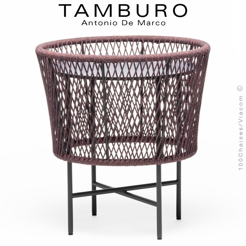 Table basse TAMBURO-SM, piétement acier peint anthracite, corde marine couleur bleu, plateau HPL couleur bleu.