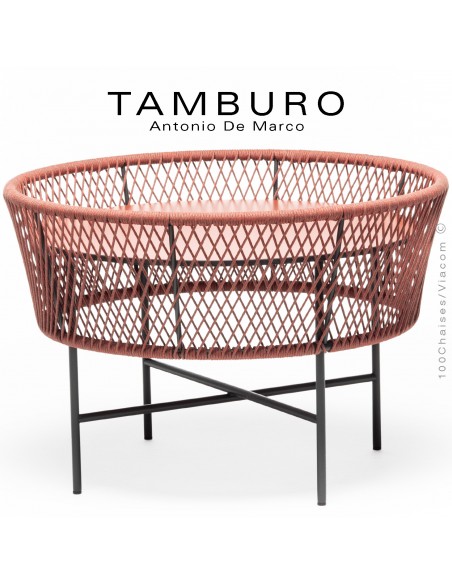 Table basse TAMBURO-ME, piétement acier peint anthracite, corde marine couleur rouge, plateau HPL couleur rouge.