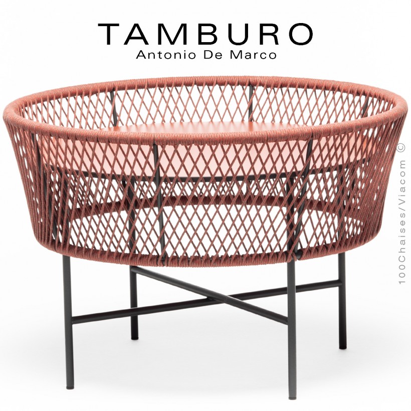 Table basse TAMBURO-ME, piétement acier peint anthracite, corde marine couleur rouge, plateau HPL couleur rouge.