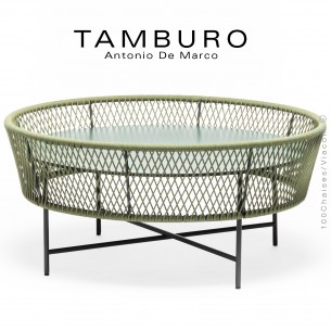 Table basse TAMBURO-LG, piétement acier peint anthracite, corde marine couleur vert, plateau HPL couleur vert.