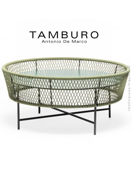 Table basse TAMBURO-LG, piétement acier peint anthracite, corde marine couleur vert, plateau HPL couleur vert.