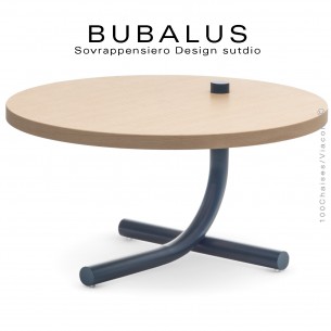 Table basse BUBALUS-T-ME, piétement acier peint bleu, plateau frêne naturel verni.