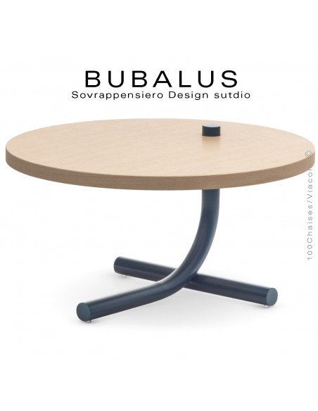 Table basse BUBALUS-T-ME, piétement acier peint bleu, plateau frêne naturel verni.