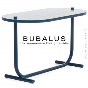 Console BUBALUS-T, piétement acier peint bleu, plateau frêne bleu verni.