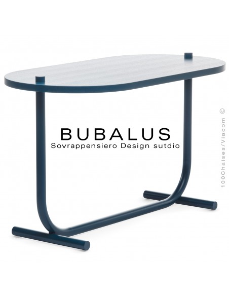 Console BUBALUS-T, piétement acier peint bleu, plateau frêne bleu verni.