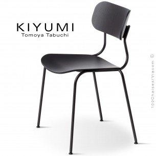 Chaise KIYUMI-WOOD, 4 pieds structure acier noir, assise et dossier en contreplaqué de frêne noir. Lot de 4 pièces.