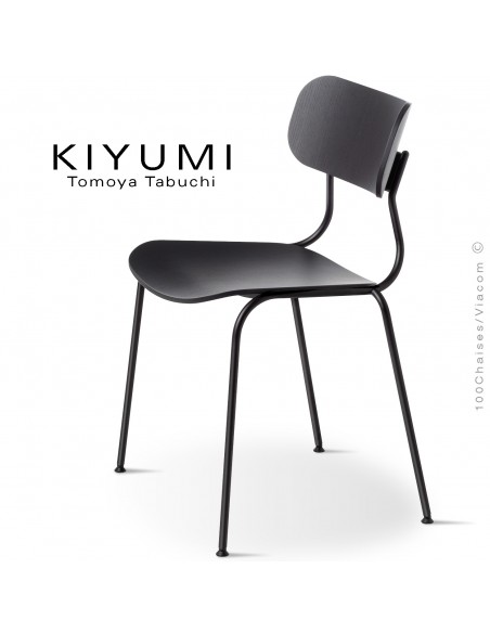 Chaise KIYUMI-WOOD, 4 pieds structure acier noir, assise et dossier en contreplaqué de frêne noir. Lot de 4 pièces.