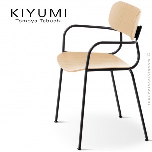 Fauteuil KIYUMI-WOOD-AR, 4 pieds structure acier noir, assise et dossier en contreplaqué de frêne naturel. Lot de 4 pièces.