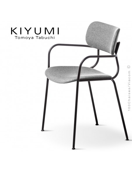 Fauteuil KIYUMI-FABRIC-AR, 4 pieds structure acier noir, assise et dossier habillage tissus gris. Lot de 4 pièces.