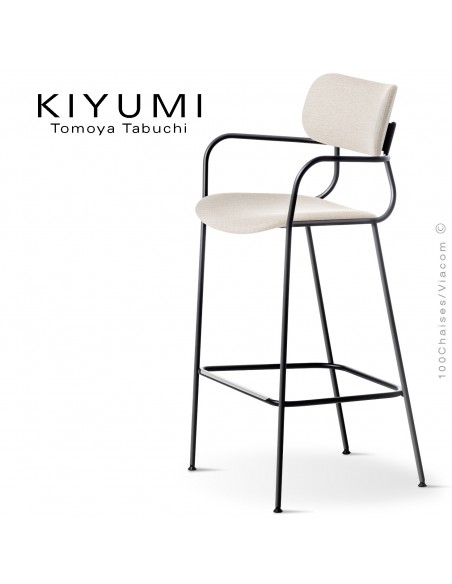 Tabouret de cuisine KIYUMI-FABRIC-ST, 4 pieds structure acier noir, assise et dossier habillage tissus blanc. Lot de 4 pièces.