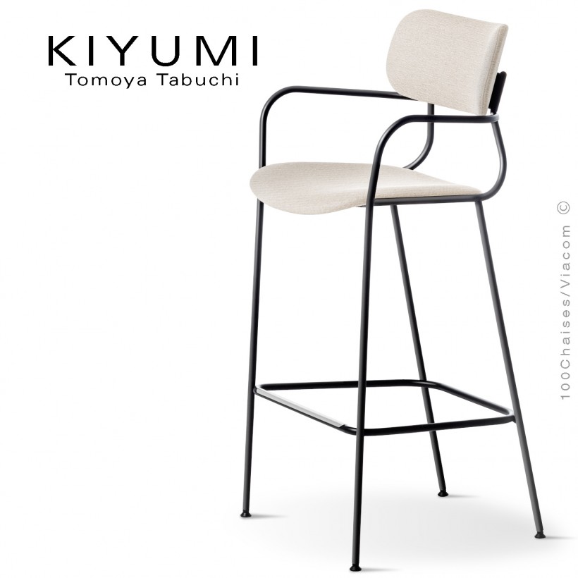 Tabouret de cuisine KIYUMI-FABRIC-ST, 4 pieds structure acier noir, assise et dossier habillage tissus blanc. Lot de 4 pièces.
