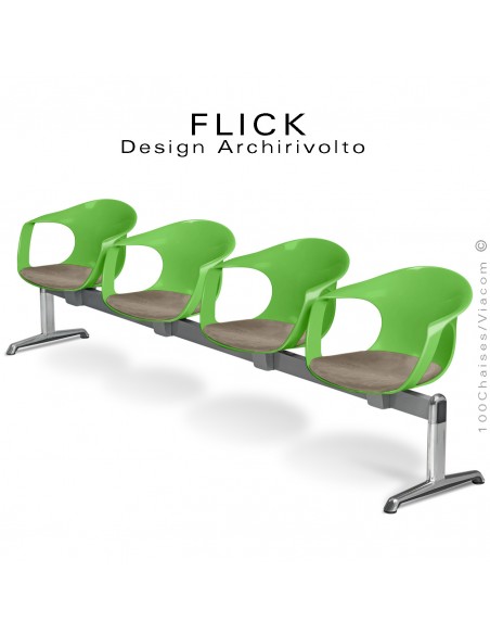 Banc ou assise sur poutre design FLICK, piétement aluminium, assise coque plastique couleur avec coussin.