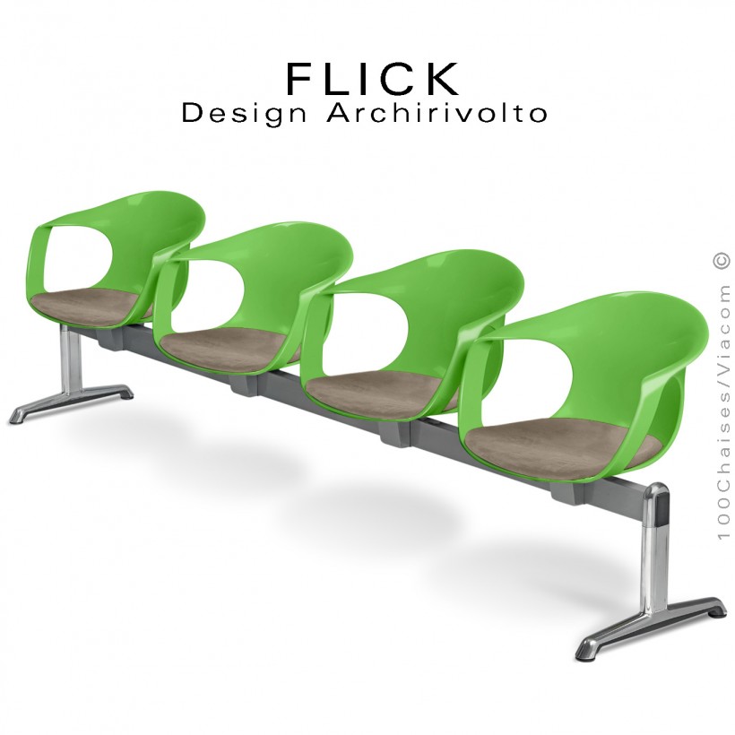 Banc ou assise sur poutre design FLICK, piétement aluminium, assise coque plastique couleur avec coussin.