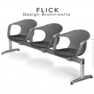 Banc ou assise sur poutre design FLICK, piétement aluminium, assise coque plastique couleur avec coussin.