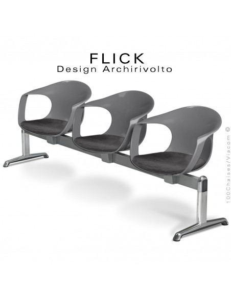 Banc ou assise sur poutre design FLICK, piétement aluminium, assise coque plastique couleur avec coussin.