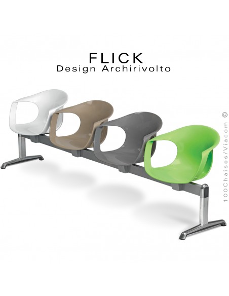 Banc ou assise sur poutre FLICK, piétement aluminium brillant, assise coque plastique couleur avec coussin d'assise.