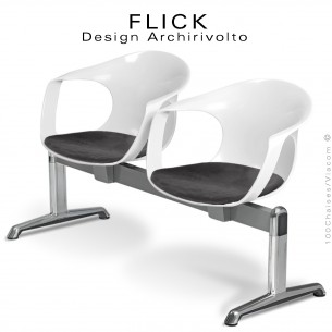 Banc 2 places ou assise sur poutre design FLICK, piétement aluminium, assise coque plastique couleur avec coussin.