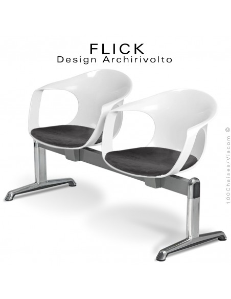 Banc 2 places ou assise sur poutre design FLICK, piétement aluminium, assise coque plastique couleur avec coussin.