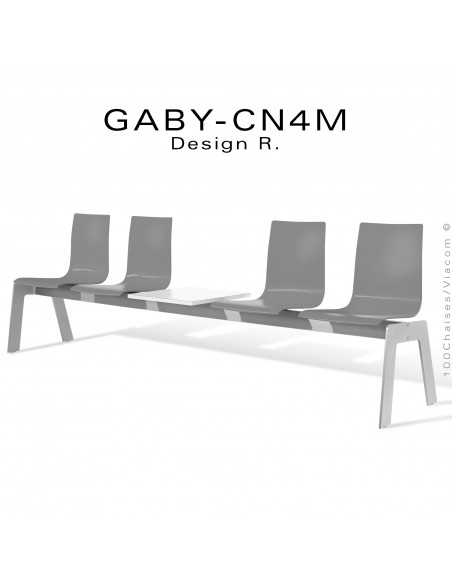 Banc pour salle d'attente GABY, assise quatre places anthracite avec tablette 50x50 cm., blanche. Piétement argent-gris.