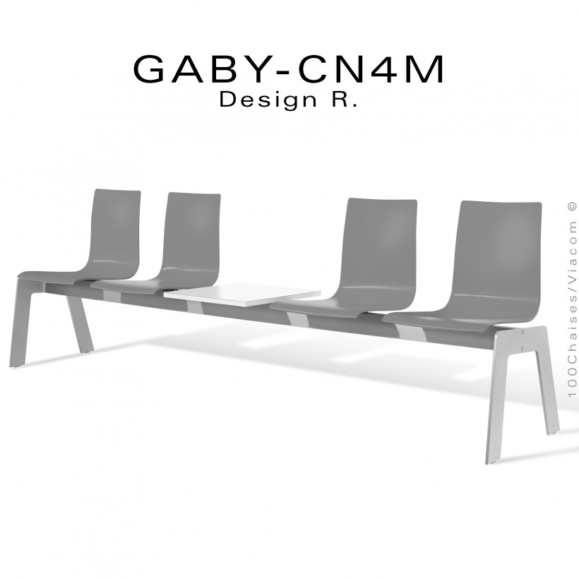 Banc pour salle d'attente GABY, assise quatre places anthracite avec tablette 50x50 cm., blanche. Piétement argent-gris.