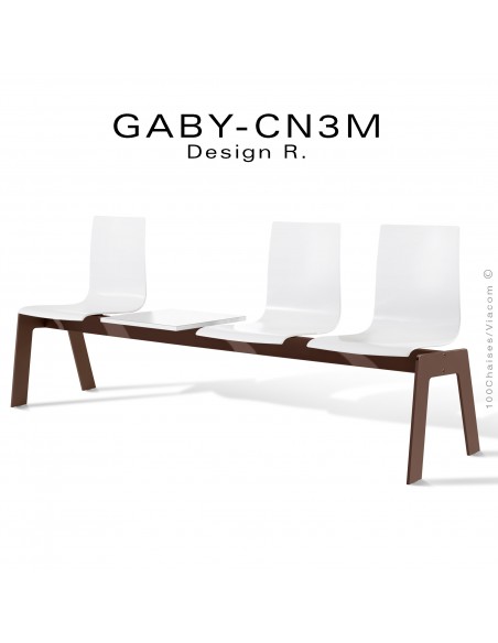 Banc ou assise sur poutre design GABY, piétement peint marron, assise coque plastique blanche avec tablette revue.