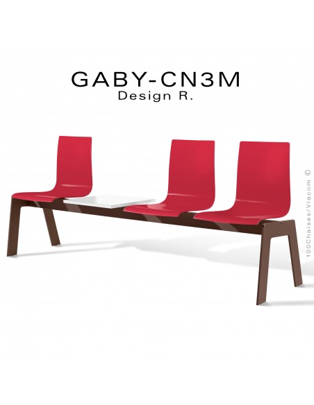 Banc ou assise sur poutre design GABY, piétement peint marron, assise coque plastique rouge avec tablette revue.