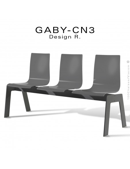 Banc ou assise sur poutre design GABY, piétement peint noir, assise 3 places coque plastique couleur anthracite.