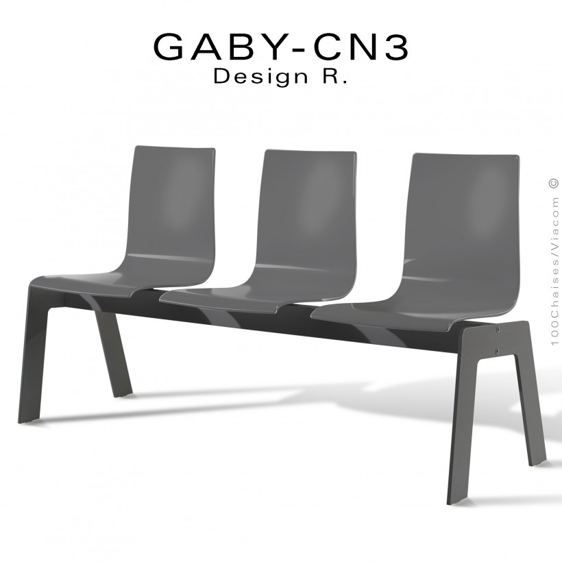 Banc ou assise sur poutre design GABY, piétement peint noir, assise 3 places coque plastique couleur anthracite.