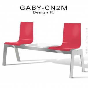 Banc ou assise sur poutre design GABY pour salle d'attente, 2 places, assise plastique rouge, piétement acier et porte revue