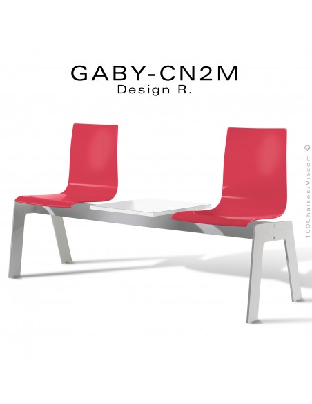 Banc ou assise sur poutre design GABY pour salle d'attente, 2 places, assise plastique rouge, piétement acier et porte revue