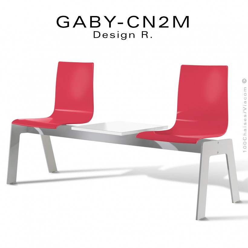 Banc ou assise sur poutre design GABY pour salle d'attente, 2 places, assise plastique rouge, piétement acier et porte revue
