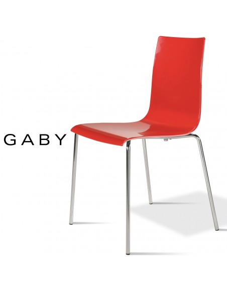 Chaise design GABY, piétement acier chromé brillant, assise coque plastique rouge.