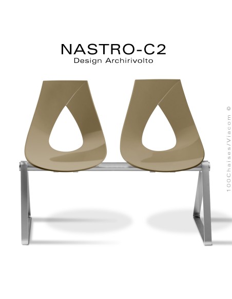 Banc ou siège sur poutre design NASTRO, assise coque plastique gris Tourterelle, piétement peint gris-argent.
