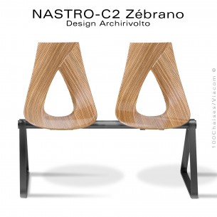 Banc design NASTRO-C2, assise 2 places pour salle d'attente, piétement peint noir, assise bois placage Zébrano.