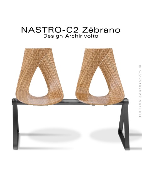Banc design NASTRO-C2, assise 2 places pour salle d'attente, piétement peint noir, assise bois placage Zébrano.