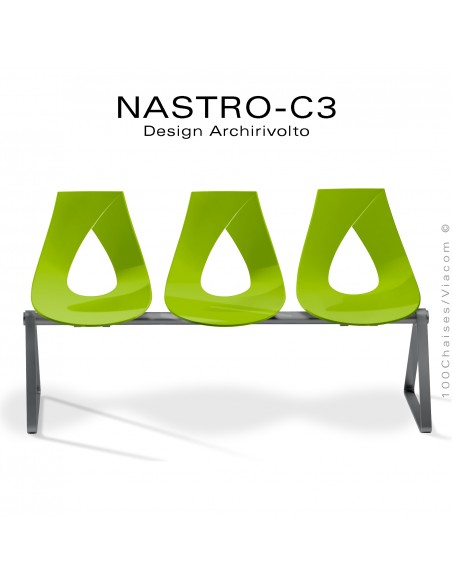 Banc design ou siège sur poutre NASTRO-C3, piétement acier peint gris foncé, assise coque plastique verte.
