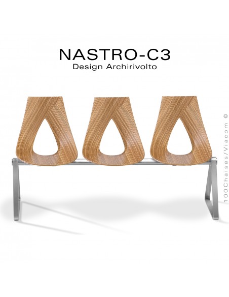 Banc design NASTRO-C3, assise 3 places pour salle d'attente, structure acier peint, assise bois placage Zébrano.