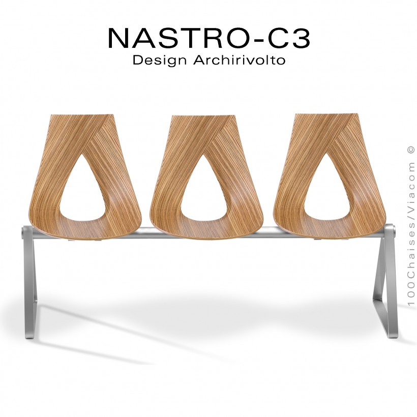 Banc design NASTRO-C3, assise 3 places pour salle d'attente, structure acier peint, assise bois placage Zébrano.