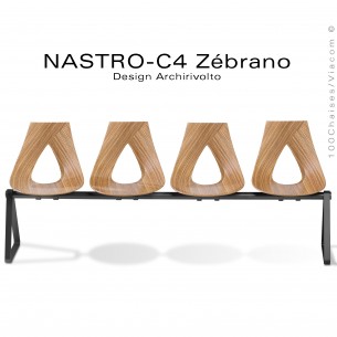 Banc design NASTRO-C4 ou siège sur poutre, assise 4 places placage Zébrano pour salle d'attente, structure peint.