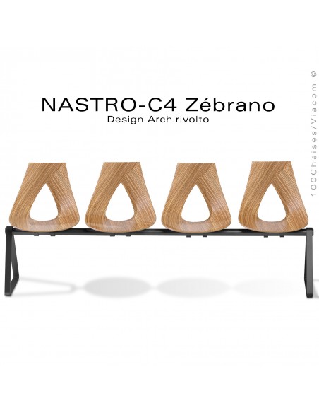 Banc design NASTRO-C4 ou siège sur poutre, assise 4 places placage Zébrano pour salle d'attente, structure peint.