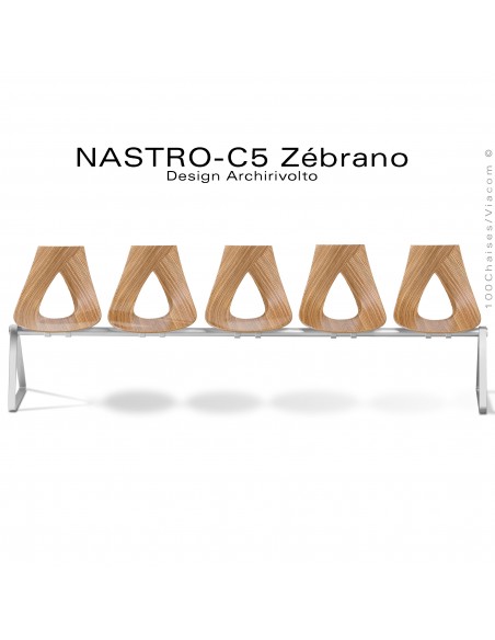 Banc design NASTRO-C5, piétement gris-argent, assise coque bois placage Zébrano.