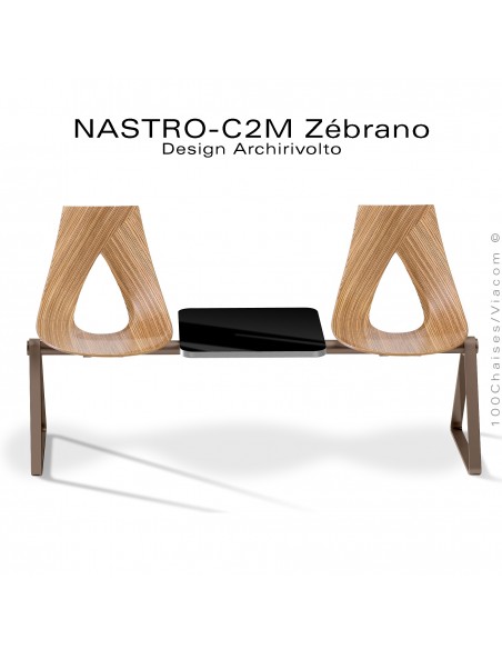 Banc ou siège sur poutre NASTRO, piétement acier peint, assise bois placage Zébrano avec tablette porte revue.